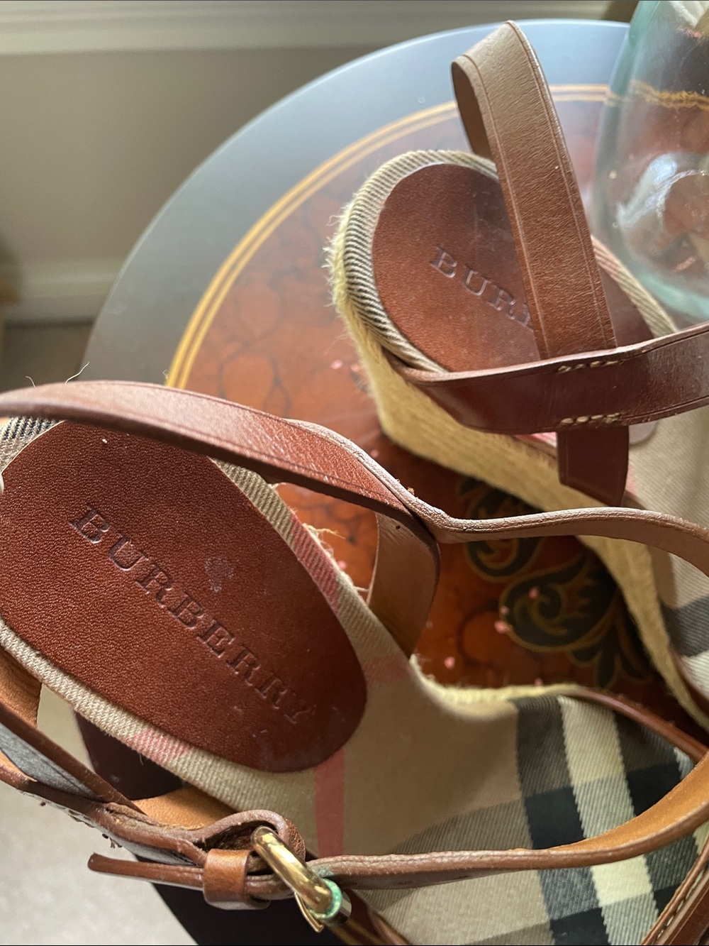 Burberry Brown Leather & Beige Check Espadrille Wedge Sandals - Picture 2 of 16